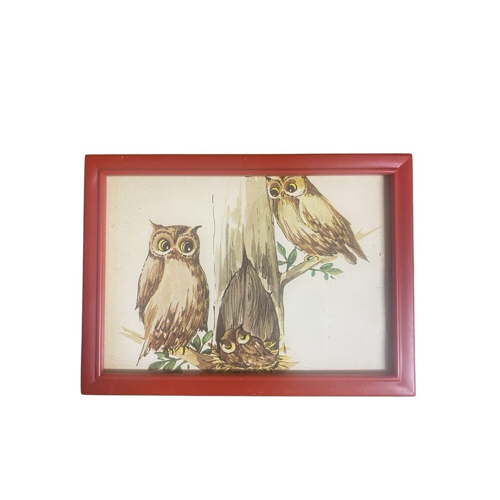 Vtg 1970s Owl Family Framed Print J. O'Brien MCM Retro Wall Art 5x7